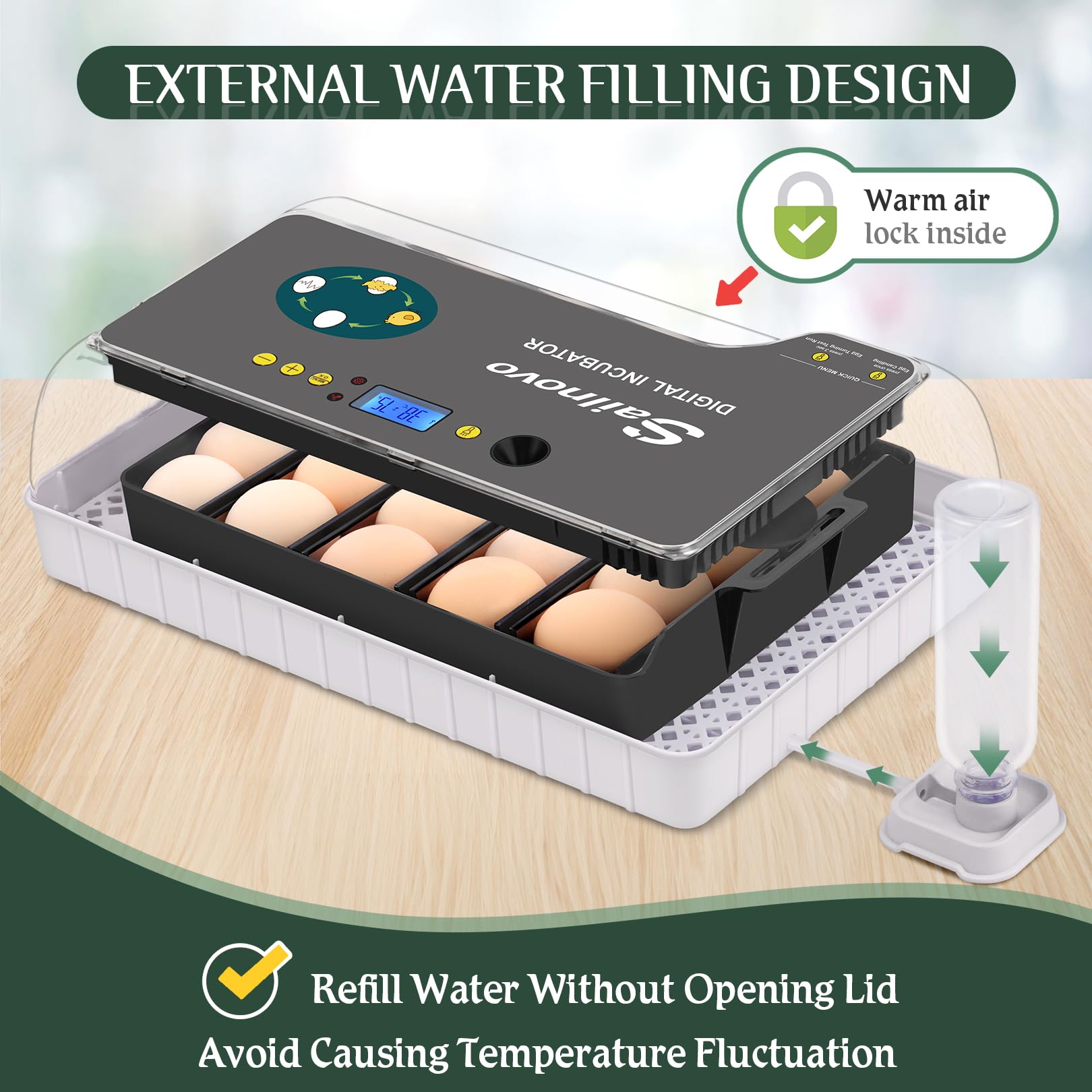 Sailnovo Sailvono 20 Incubateur entièrement automatique, avec ajout d'eau externe, contrôle de la température, éclairage LED, retournement automatique des œufs, de poules - Noir