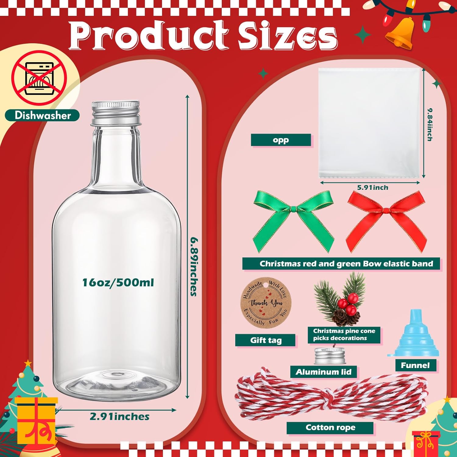 Tioncy 16oz Christmas Plastic Wine Bottles with Clear Wine Bags Artificial Pine Cone Branches Ribbons Labels 500ml Christmas Coquito Bottles for Homemade Brewing Xmas Baby Shower Party Favors(24 Pack)