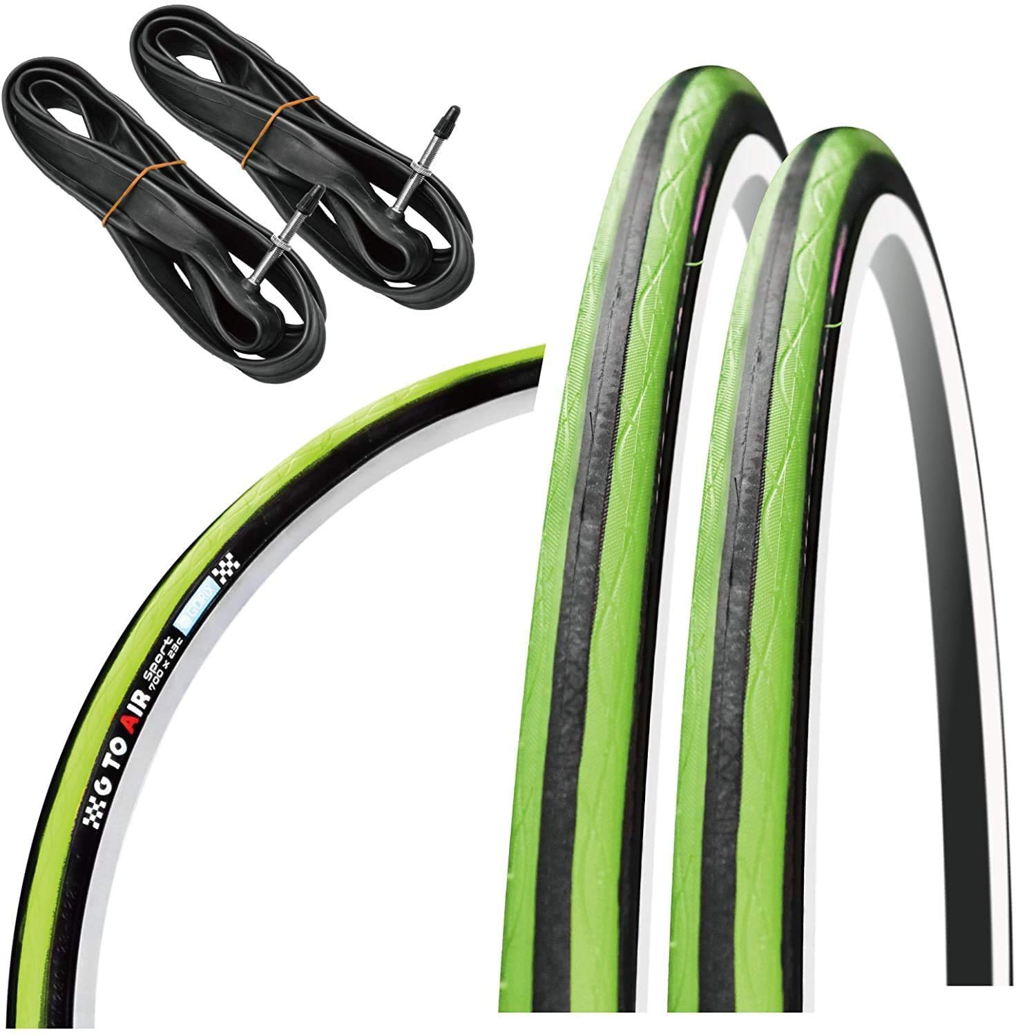 GORIX Rennradreifen 700 × 23C oder 700 × 25C (2 Reifen + 2 Schläuche Set) Fahrrad (Gtoair Edition) (Schwarz × Grün, 700 × 23 C) Sport & Freizeit