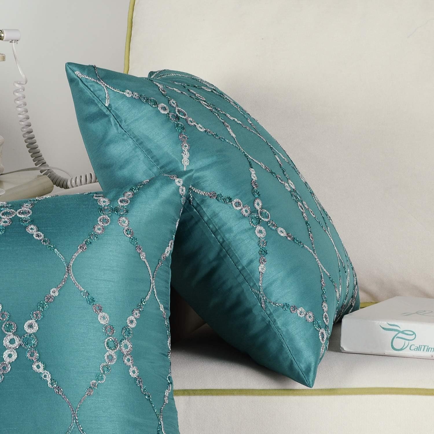 CaliTime Pack of 2 Cushion Covers Throw Pillow Cases Shells for Sofa Couch Home Decoration Modern Gradient Rings Waves Lines Geometric Chain Embroidered 18 X 18 Inches Teal