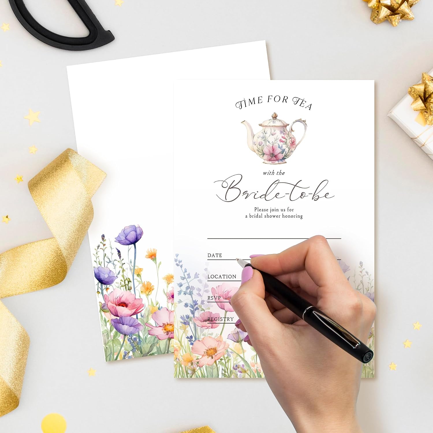 20 Time For Tea With The Bride To Be Invitations, Floral Tea Party Theme Invite Cards with Envelopes, 4x6 Inch Fun Bridal Shower Invites. (067)