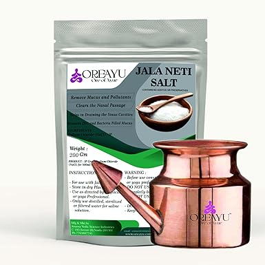 OREAYU  Copper Neti Pot With Neti Salt Yoga and Ayurveda Jala Neti Pot for Sinus, Nose Irrigation and Cleaning (250 ml-200gm)