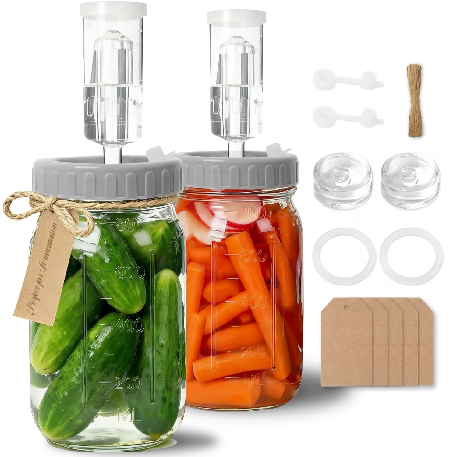 Myrthra 2 Pack Fermentation Jar Kit, 32 OZ (946ml) Fermentation Set with Silicone Lids, Airlocks, Glass Fermentation Weights & Labels for Sauerkraut, Kimchi & Pickles