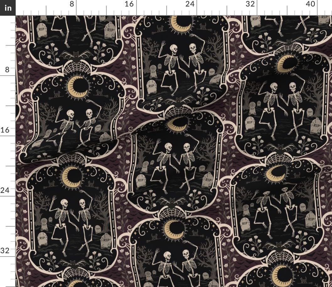 Spoonflower Fabric - Skeleton Dance Black Purple Moody Halloween Spooky Graveyard Cemetary Printed on Petal Cotton Fabric Fat Quarter - Sewing Quilting Apparel Crafts Decor