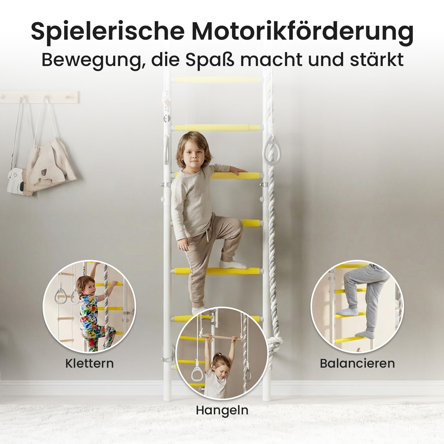 JEFLEX - weiß/gelbe Kinder Sprossenwand mit Verstellbarer Klimmzugstange/Robuste Fitness-Station fürs Kinderzimmer/Einfache & vielseitige Montage/inkl. tollem Kletterwand-Zubehör