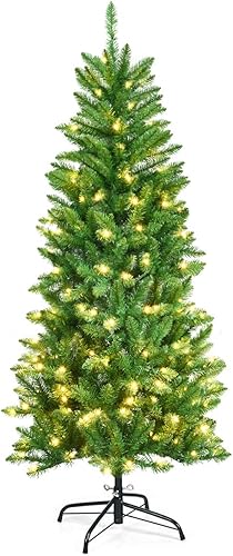 HAPPYGRILL Árbol de Navidad artificial preiluminado de 6 pies, árbol de Navidad con bisagras con 475 puntas de rama, 250 luces LED blancas frías,