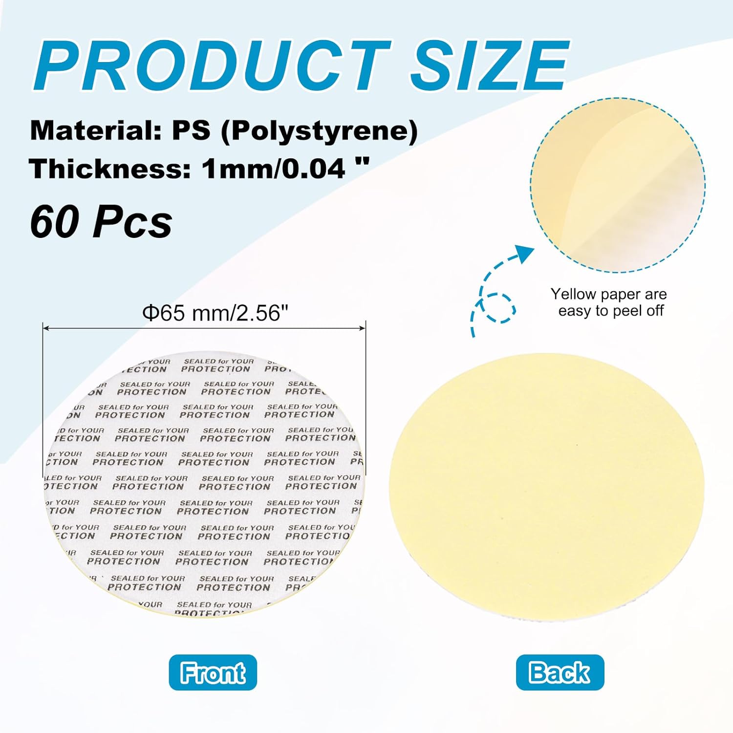 patikil 65mm/2.56" foam lid liner 60pcs adhesive round ps pressure sensitive seals, cap liners resistant tamper for plastic glass jar bottle cap canning vials seals black text, white