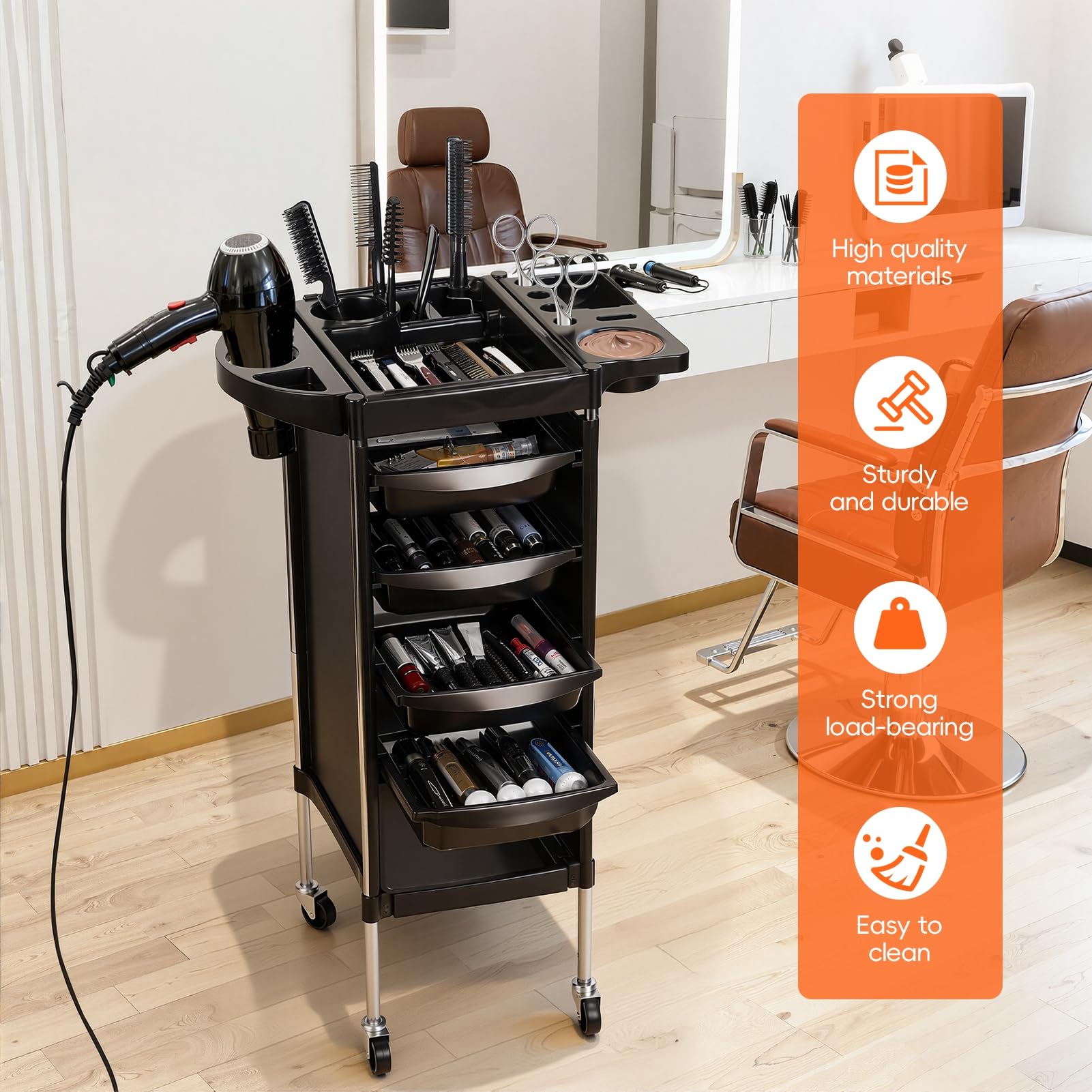 Friseurwagen mit Rollen, 6 Ebenen Salonwagen mit Seitenablagen, mobiler Kosmetikwagen Organizer für Friseursalon, Barber Shop, Kosmetikstudio, Spa und Tattoo Studio, Scheren Kämme Schwarz