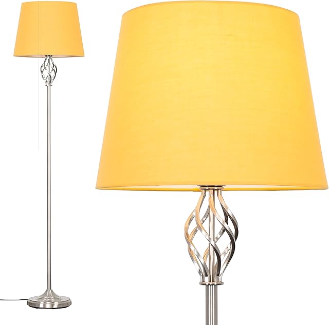 MiniSun Traditional Style Satin Nickel Barley Twist Floor Lamp with a Mustard Tapered Light Shade
