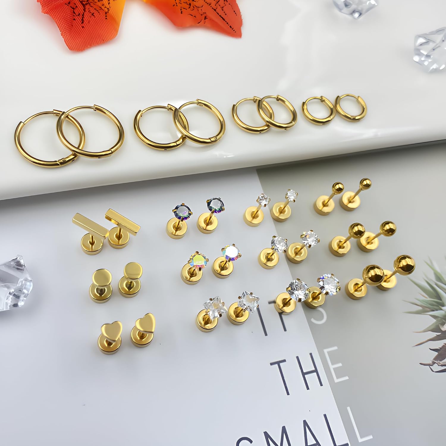 Hypoallergenic Titanium Earrings for Sensitive Ears 14K Gold Plated Opal Ball CZ Heart Flat Back Earrings for Women Men Small Surgical Steel Flatback Stud Hoop Cartilage Earring Set for Multiple Piercing