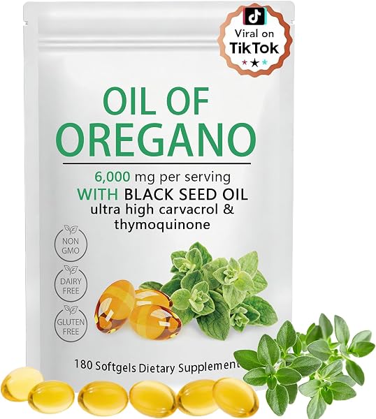 Oil of Oregano Softgels 6000mg with Black Seed Oil, Plant Based, Non-GMO, Immune Support, 180 Count - 1