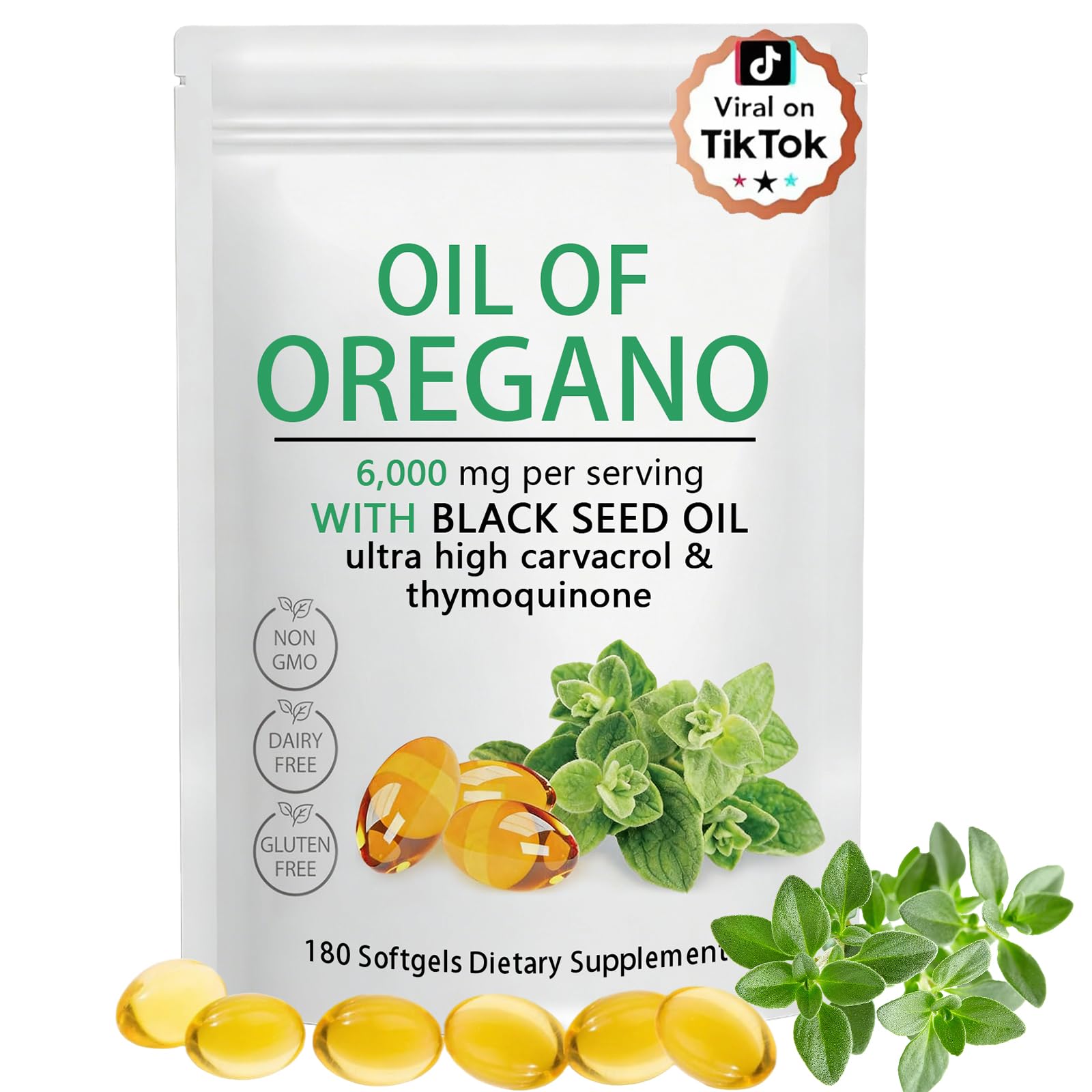 Oil of Oregano Softgels 6000mg with Black Seed Oil, Plant Based, Non-GMO, Immune Support, 180 Count - 2
