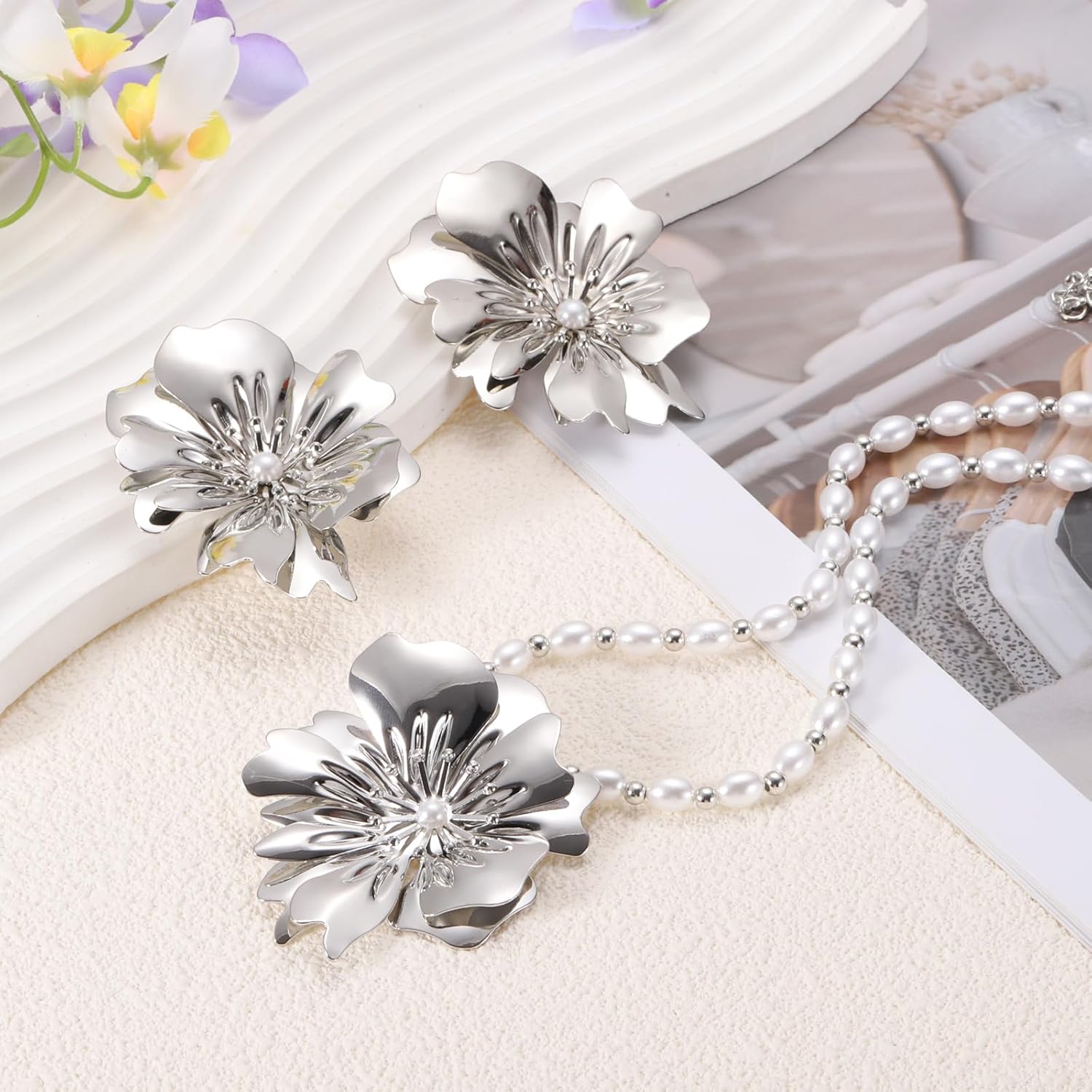 PATIKIL Silver Flower Jewelry Sets, Flower Earrings Necklace for Women,Earrings Floral Chokers Necklace Accessories Charms Prom Party Bridal Gifts,1set - Image 3