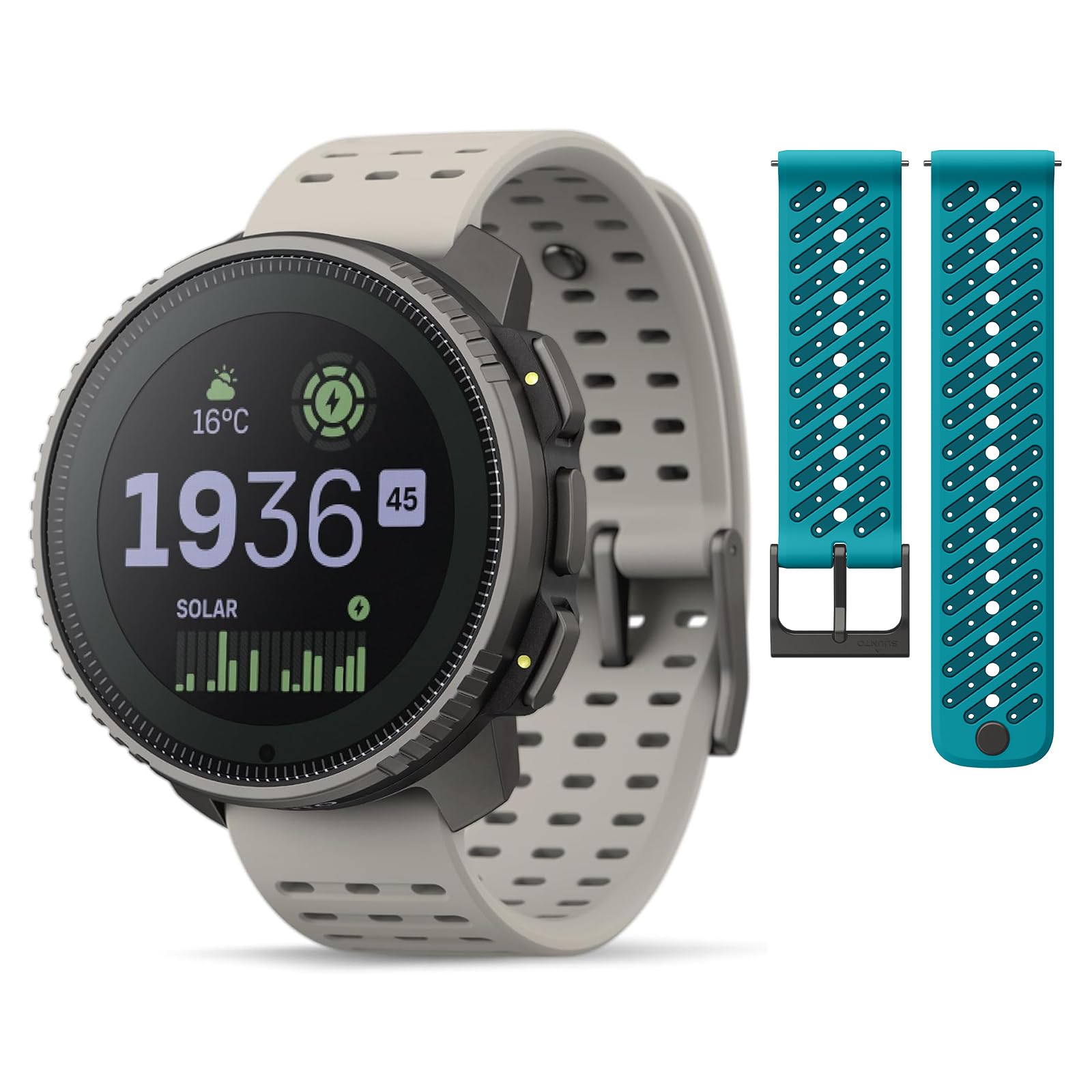 SUUNTO Vertical Adventure GPS Watch w/Offline Maps Titanium Solar Sand &amp; SUUNTO 22 ATH8 Silicone Strap Wave Blue S+M