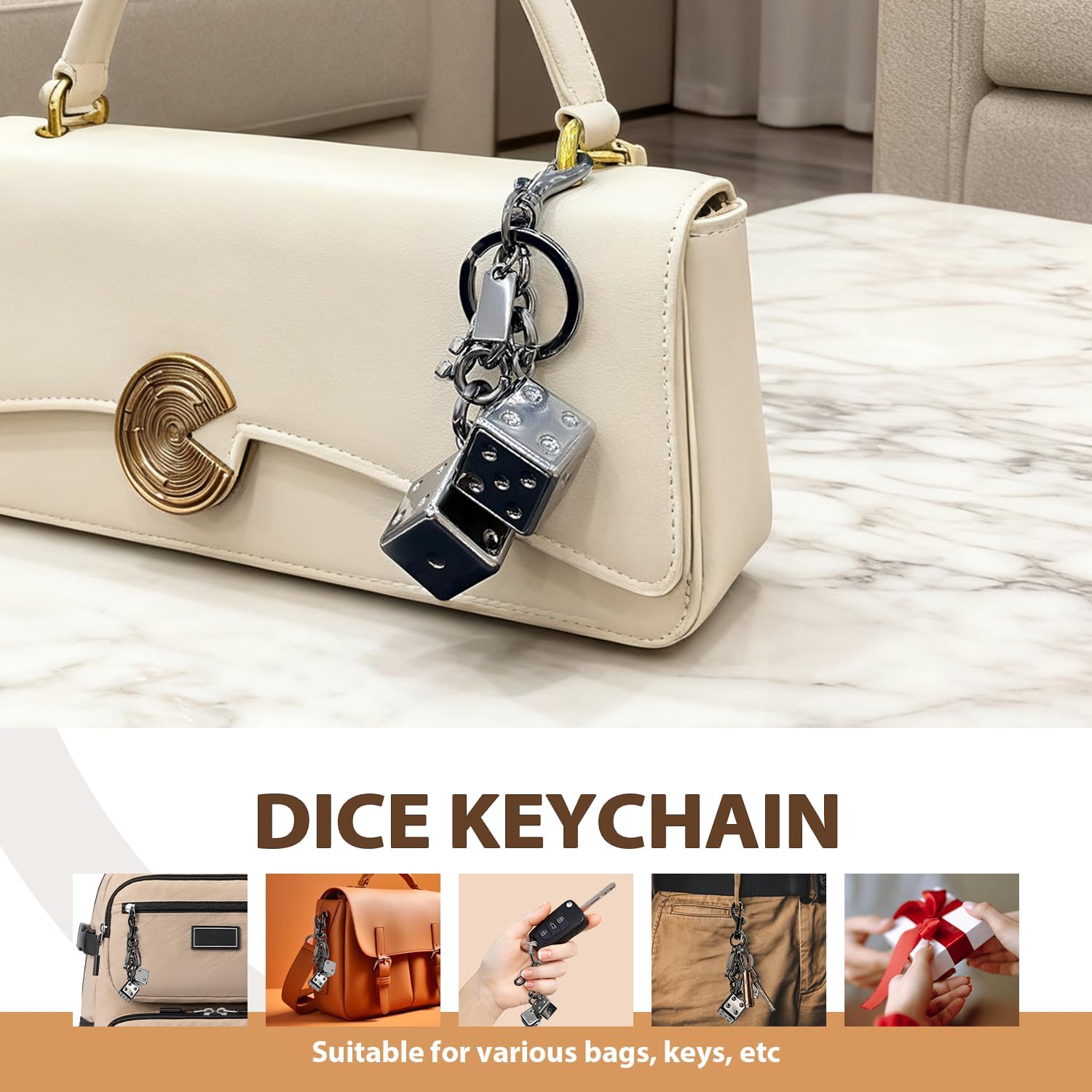 Dice Keychain for Purse, Metal Bag Charm Pendant for Women Men, Cool Gothic Accessory for Keyrings, Backpack, Wallet, Handbag - Image 6