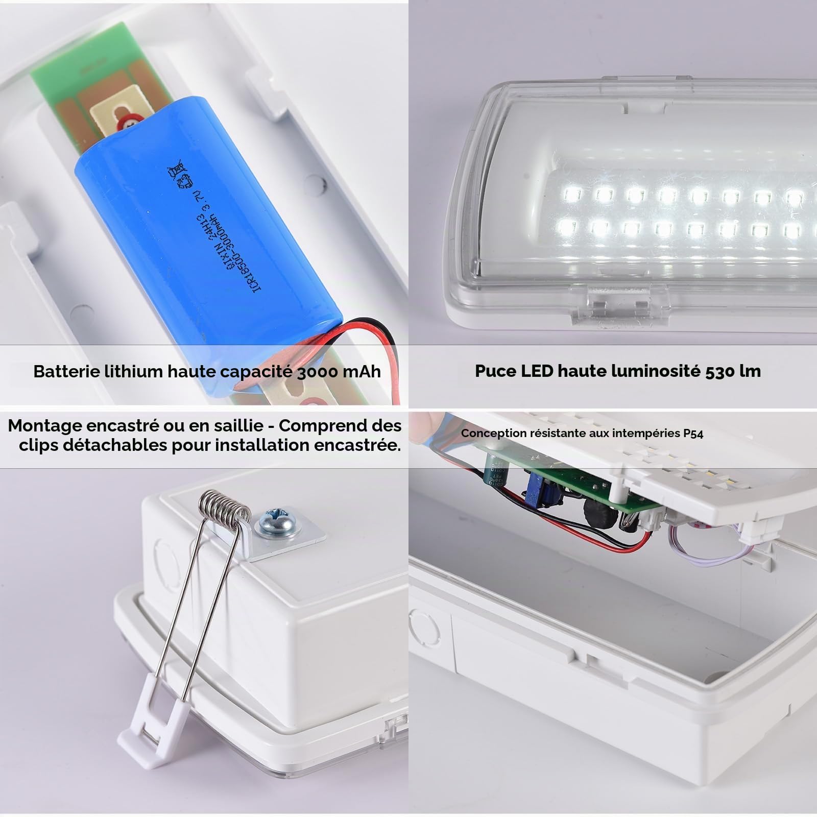 Alpinaluz Lumière d'urgence LED étanche IP54 4 W 530 lm - Encastrable avec clips ou surface - 3h d'autonomie - Résistant à l'eau et à la poussière - Usage professionnel et industriel, intérieur et