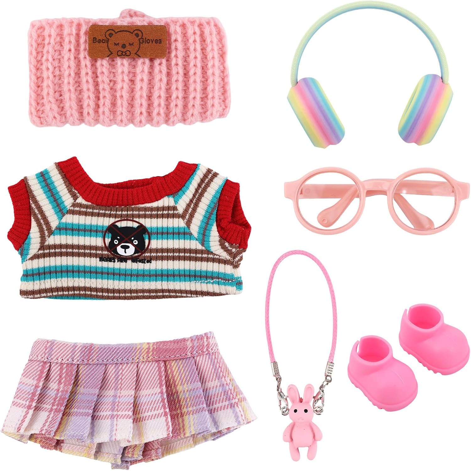 7pcs Doll Clothes Set, Adorable Rainbow Top Clothes Pants Headphones Glasses Bag Hat and Shoes Fashion Doll Outfit Set for Dressing & Displaying