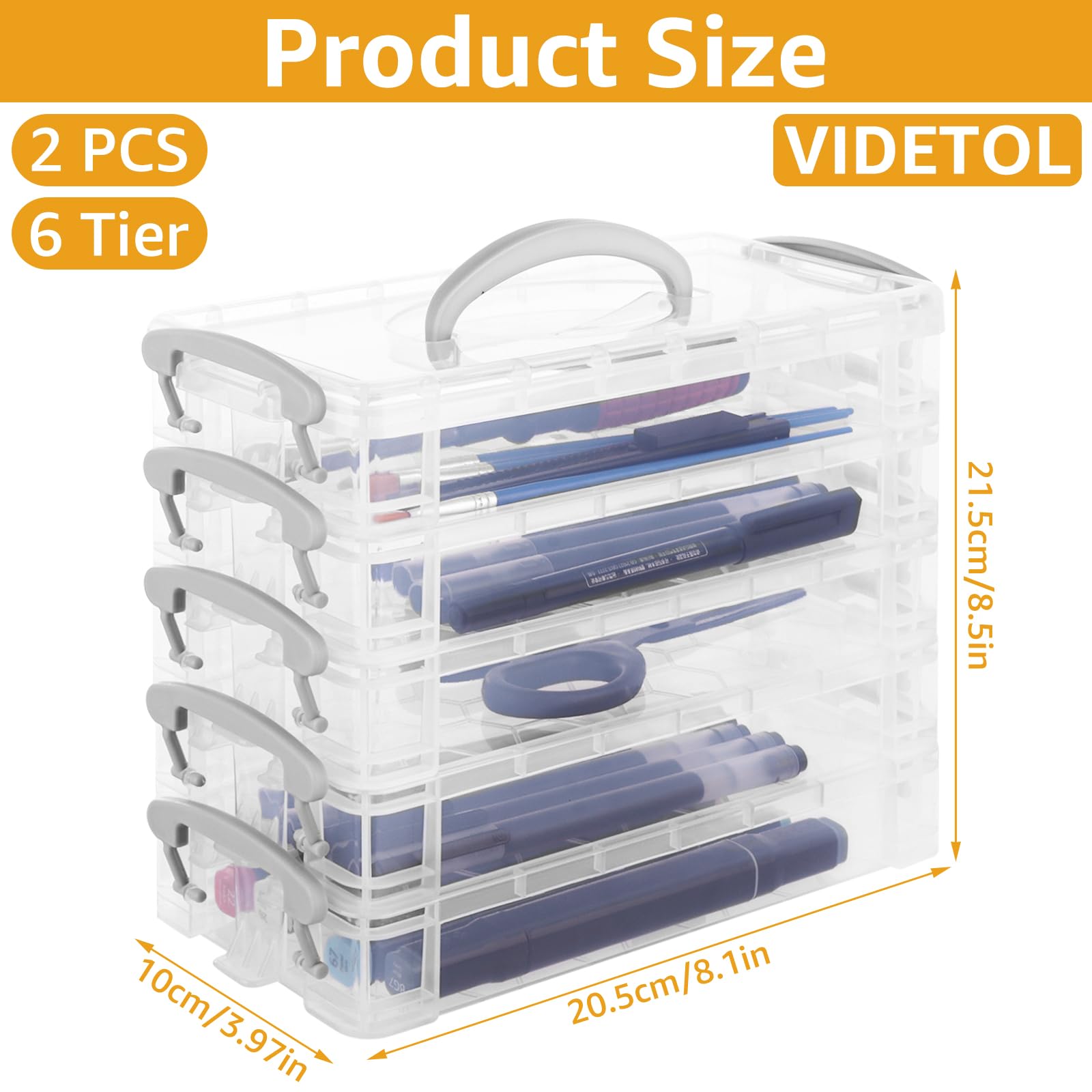 Caja de almacenamiento de 2 piezas con asas, caja de almacenamiento de plástico transparente de 6 niveles con tapa hermética, estuche portátil, caja de herramientas de dibujo para bolígrafos