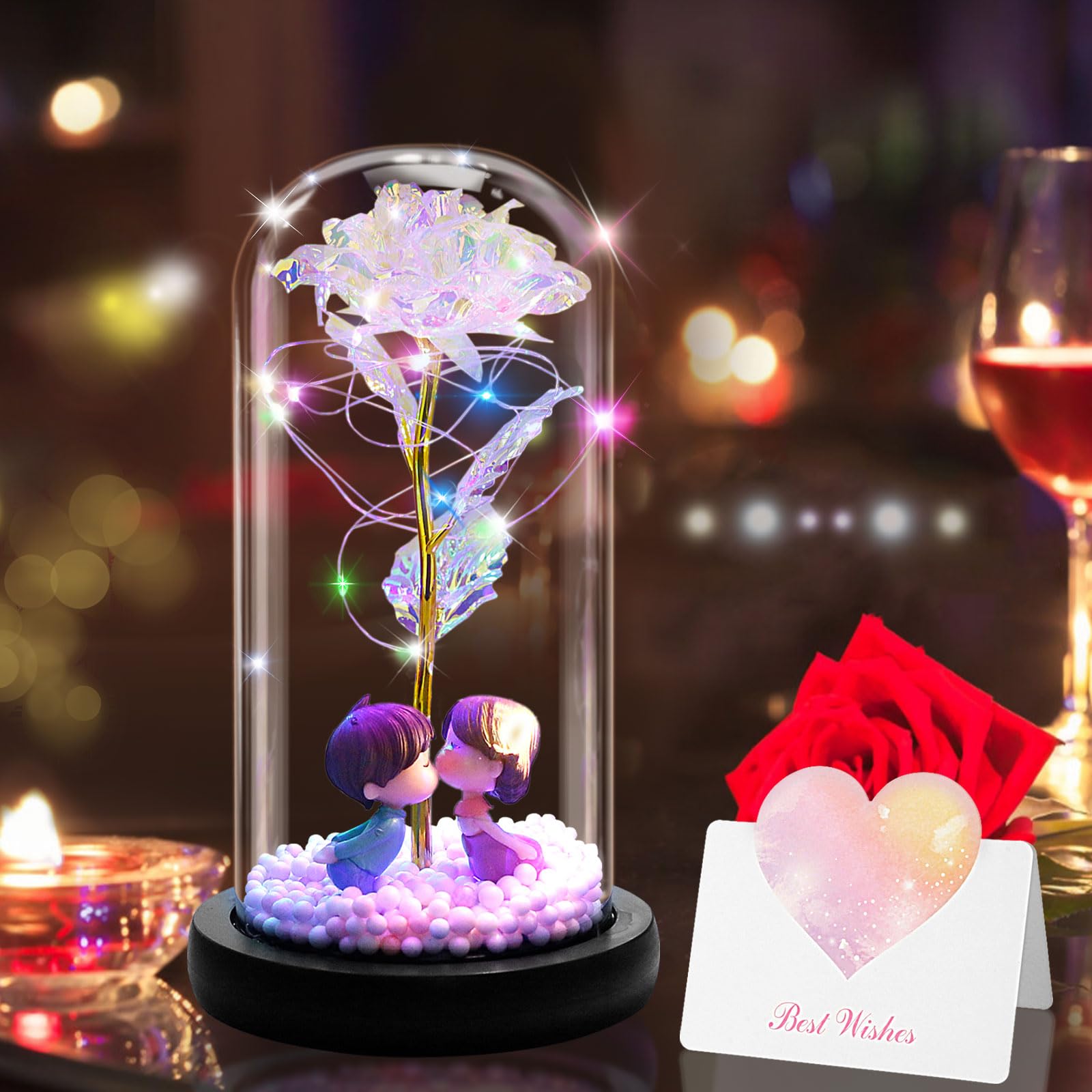 EDATOFLY Eternal Rose Under Bell with LED Light, Beauty and the Beast Galaxy Rose Valentine's Day Gift for Women/Mom, Gift for Christmas, Mother's Day, Birthday (Colorful)