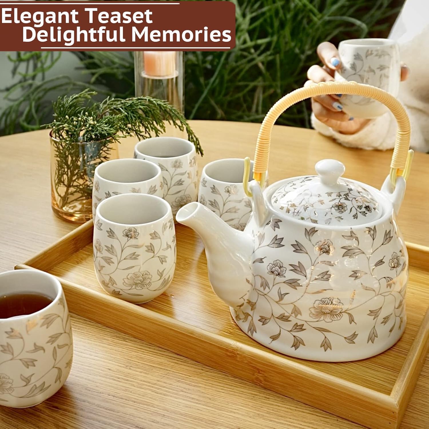 La Belle Vie Japanese Tea Set, White Porcelain Tea Set as Gift, 1 Pot (32.1oz), 6 Cups (6.1oz), 1 Stainless Steel Tea Infuser, 1 Bamboo Tray, Pretty Gift for Birthday, Festivals, Events