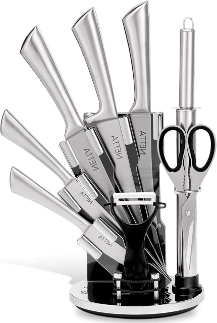 NETTA Kitchen Knife Set with Block  Professional 8 Piece Stainless Steel Set - Premium Kitchen Set with Clear Storage Block, 5 Knives, Scissors, Knife Sharpener and Potato Peeler