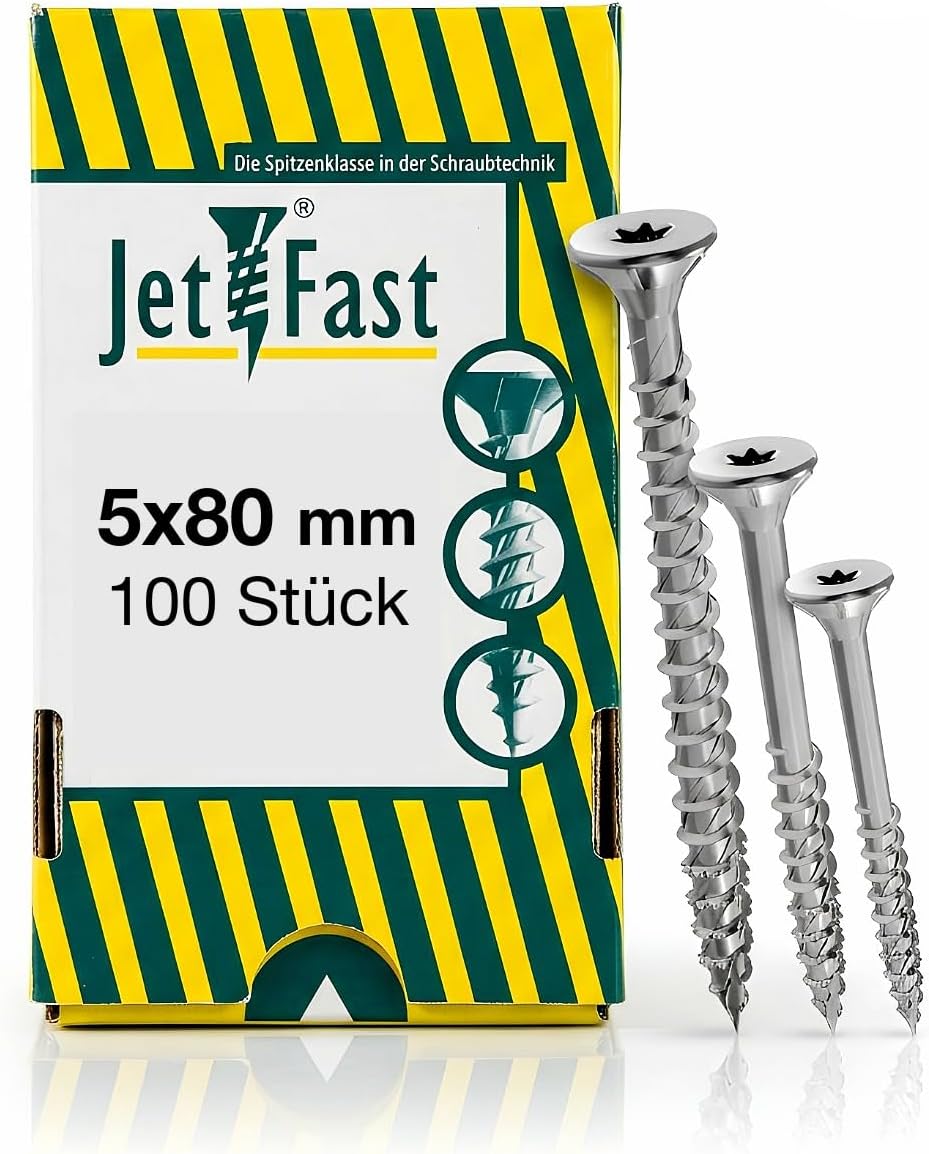 Jet-Fast Premium Universal Screws 5.0 x 80 mm Pack of 100 Duo Countersunk Head Partially Threaded TX Drive Blue Galvanised Wood Screws Chipboard Screws Cut Tip German Quality