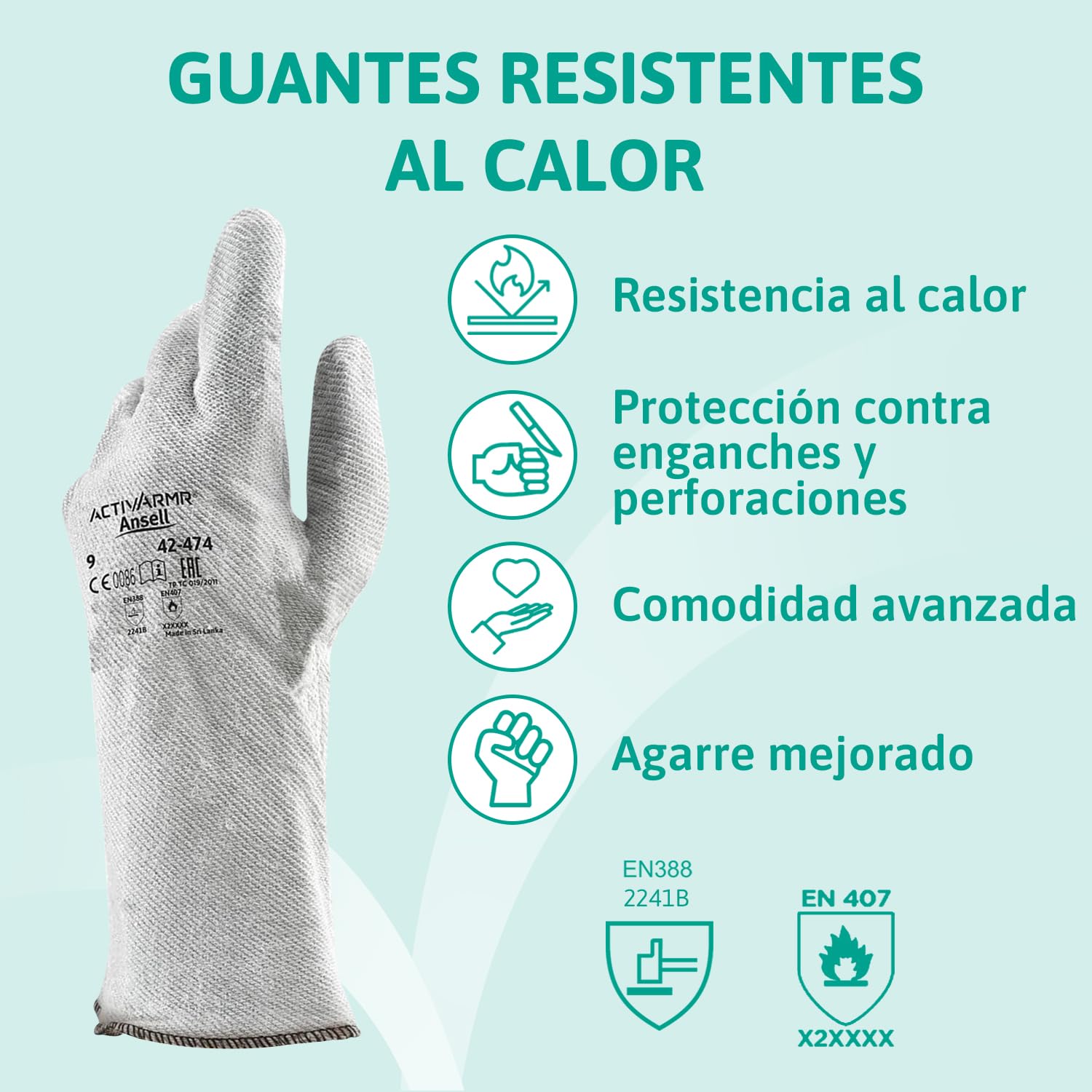 Ansell ActivArmr 42-474, Guantes de Trabajo Resistentes al Calor, Nitrilo, Protección Industrial, Talla L, Gris, 12 Pares