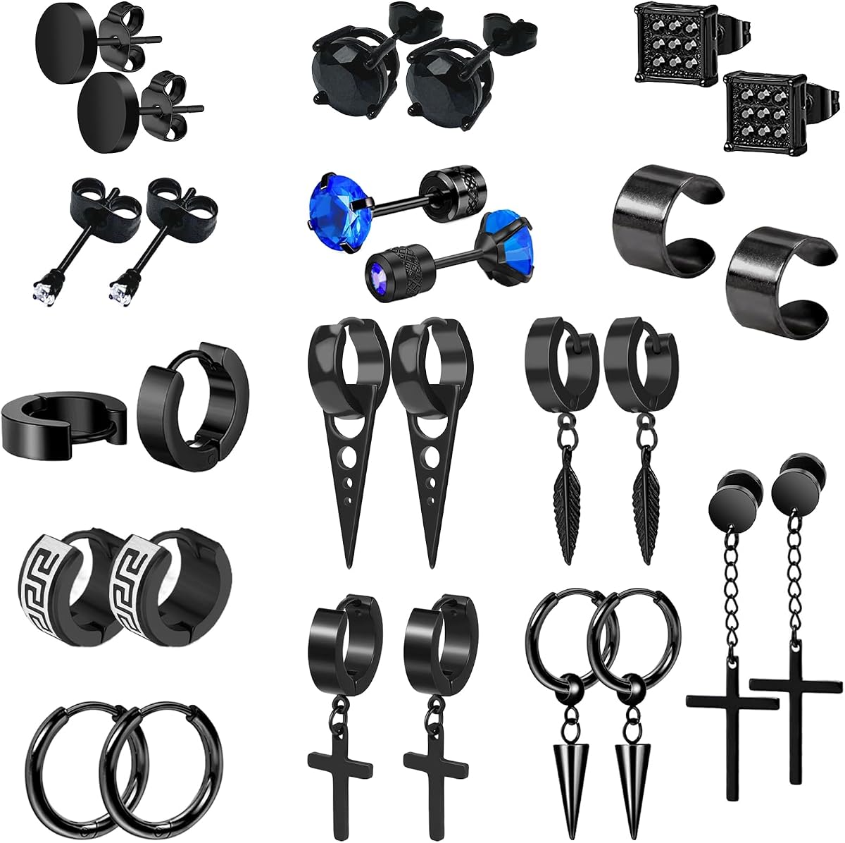 14 Pairs Earrings for Men and Women - Black Stud, Hoop, Cross, and Dangling Earrings Set - Stainless Steel Ear Cuffs Piercing Jewelry