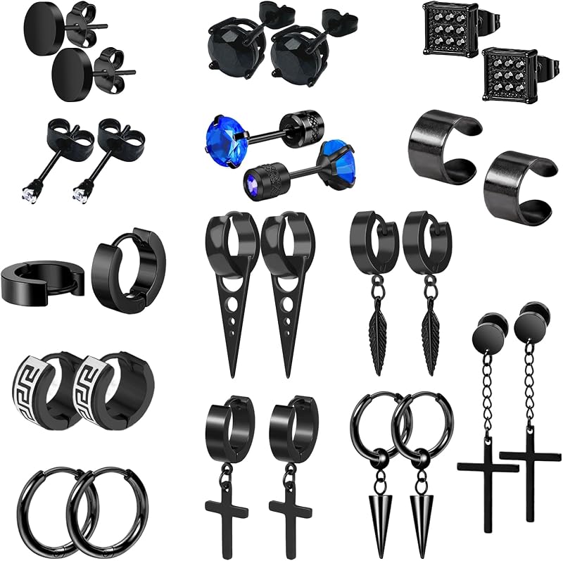 14 Pairs Earrings for Men and Women - Black Stud, Hoop, Cross, and Dangling Earrings Set - Stainless Steel Ear Cuffs Piercing Jewelry