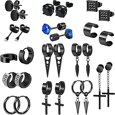 14 Pairs Earrings for Men and Women - Black Stud, Hoop, Cross, and Dangling Earrings Set - Stainless Steel Ear Cuffs Piercing Jewelry