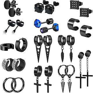 14 Pairs Earrings for Men and Women - Black Stud, Hoop, Cross, and Dangling Earrings Set - Stainless Steel Ear Cuffs Piercing Jewelry