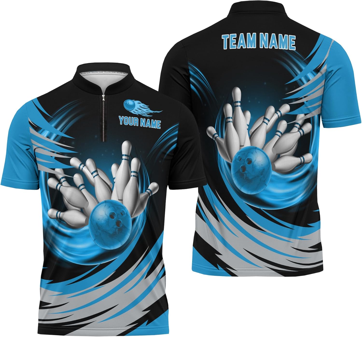 Bowling Lover Zip Up Jersey with Blue Plaid Bowling Graphic On It Cutomizable Zipper T-Shirt with Banded Collar