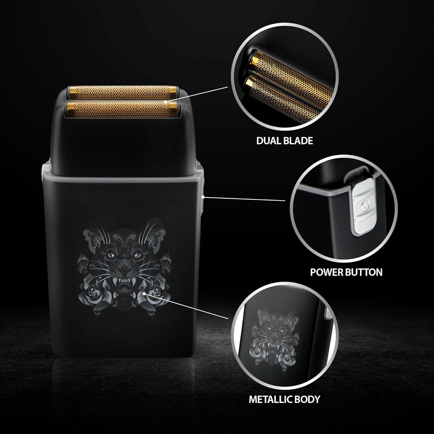 Savage Foil Shaver for Men, Professional Reciprocating Dual Blade Double Gold Foil Shaver, Hypoallergenic, 3.7V Rechargeable 90 Minute Runtime, Plug and Play, Metal Body with Panther Kyoto Design