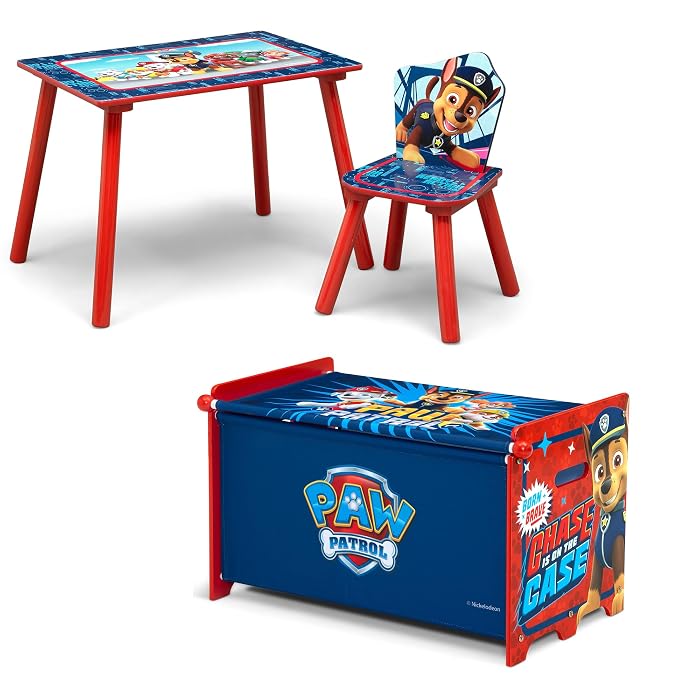 Delta Children PAW Patrol 3-Piece Toddler Playroom Set – Includes Table, Chair and Toy Box, Blue