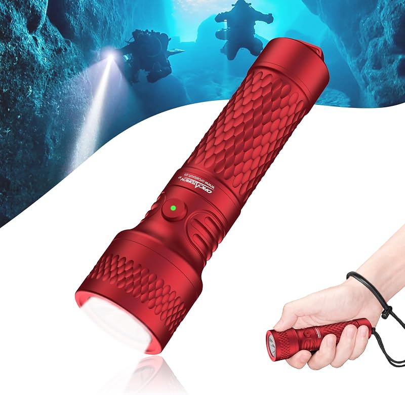ORCATORCH ORCA7 Torcia Subacquea 3000 Lumen, Fascio da 6° Ntorcia Subacquea con SOS, Impermeabile IP68 Fino a 150 m per Immersioni Notturne, Esplorazioni di Grotte e Attrezzature Tecniche (Rosso)