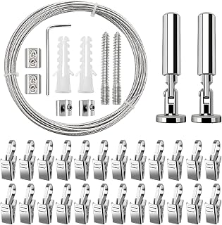 YIXISI 5m Wandhalterung Set, mit 24 Stück Metall Clips Haken, Edelstahl Vorhangdraht, Gardine Stahlseil, für Foto-Draht, Wäscheleine, Draht, Fenster, Vorhang, Spanndraht