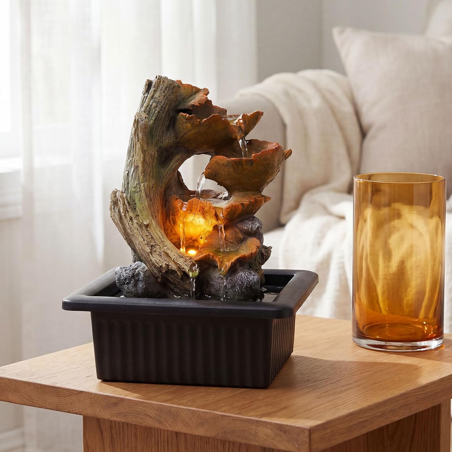 Tabletop Water Fountain Indoor Cascading Leaf Waterfall Zen Decor with Warm LED Light Quiet Pump Desk Office Bedroom Living Room