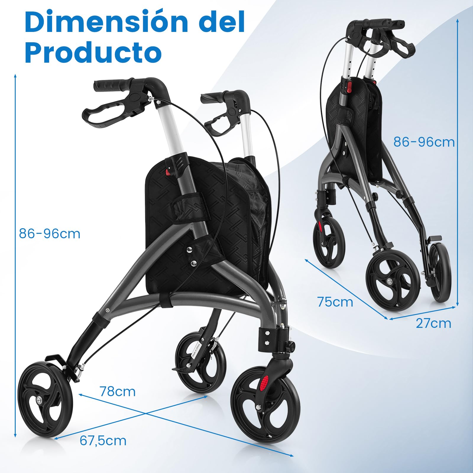 COSTWAY Andador para Ancianos Plegable, Marco de Aluminio Ligero, Caminadores para Mayores con 3 Ruedas, Altura Ajustable y Bolsa de Almacenamiento, Taca Taca Adultos (gris)