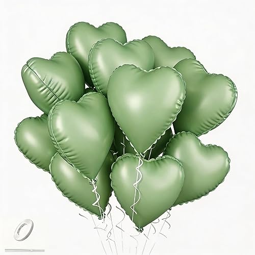 10Pcs Matte Sage Green Heart Shaped Aluminum Foil Balloons, 18