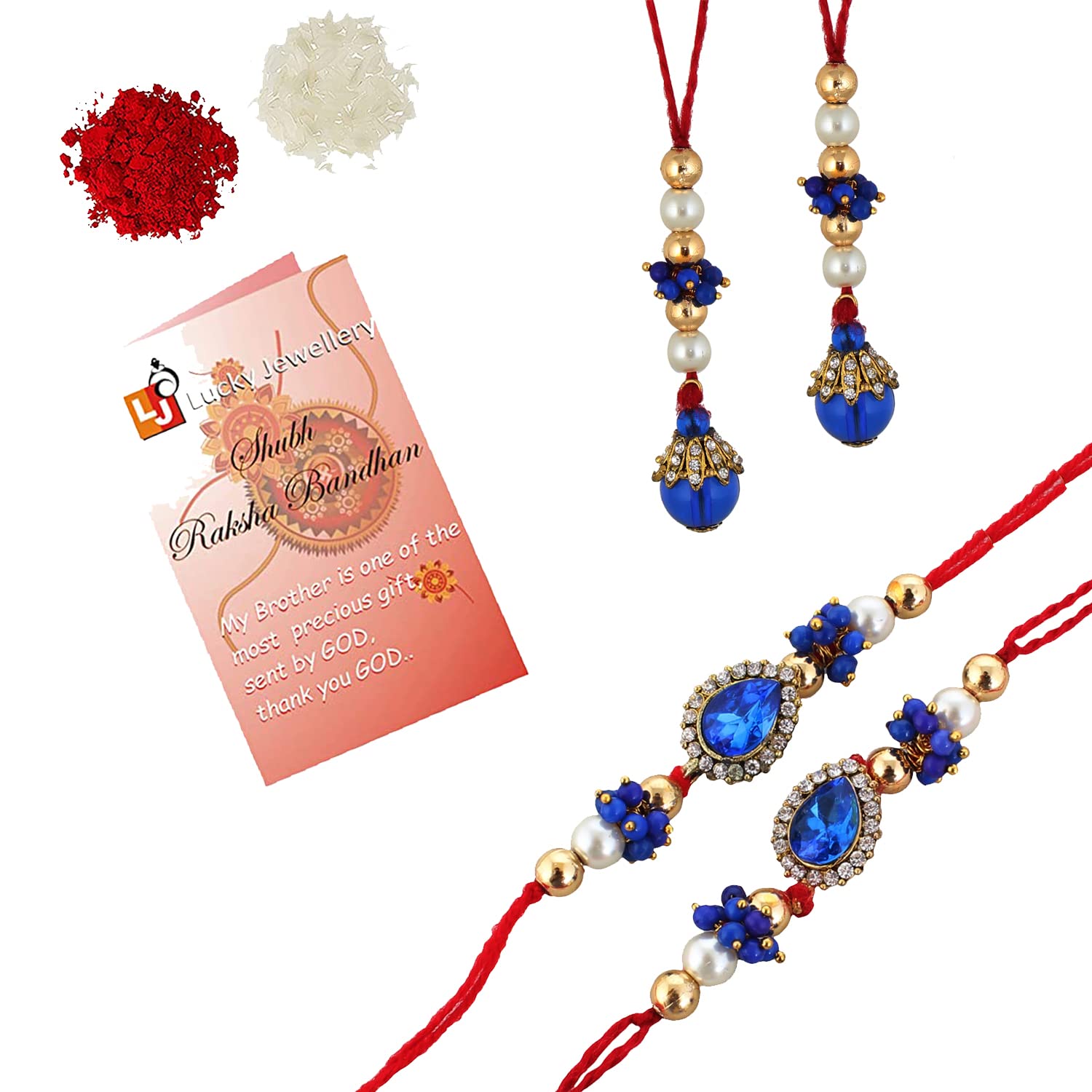 LUCKY JEWELLERY Designer Gold Plated Combo Blue Color Bhaiya Bhabhi Rakhi for Bro/Brother/Bhaiya/Bhai/Bhabhi (Pack of 4) Rakshabandan Rakhee Bracelet Rakshashutra (106-WJSR1-Z554-4) (B0B5DQBRLR) Amazon Price History, Amazon Price Tracker