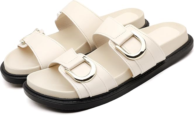 LUNATECH Womens Flat Slide Sandals Summer Sandals Double Strap Buckle Slip on Slides Shoes Flatform Walking Sandals