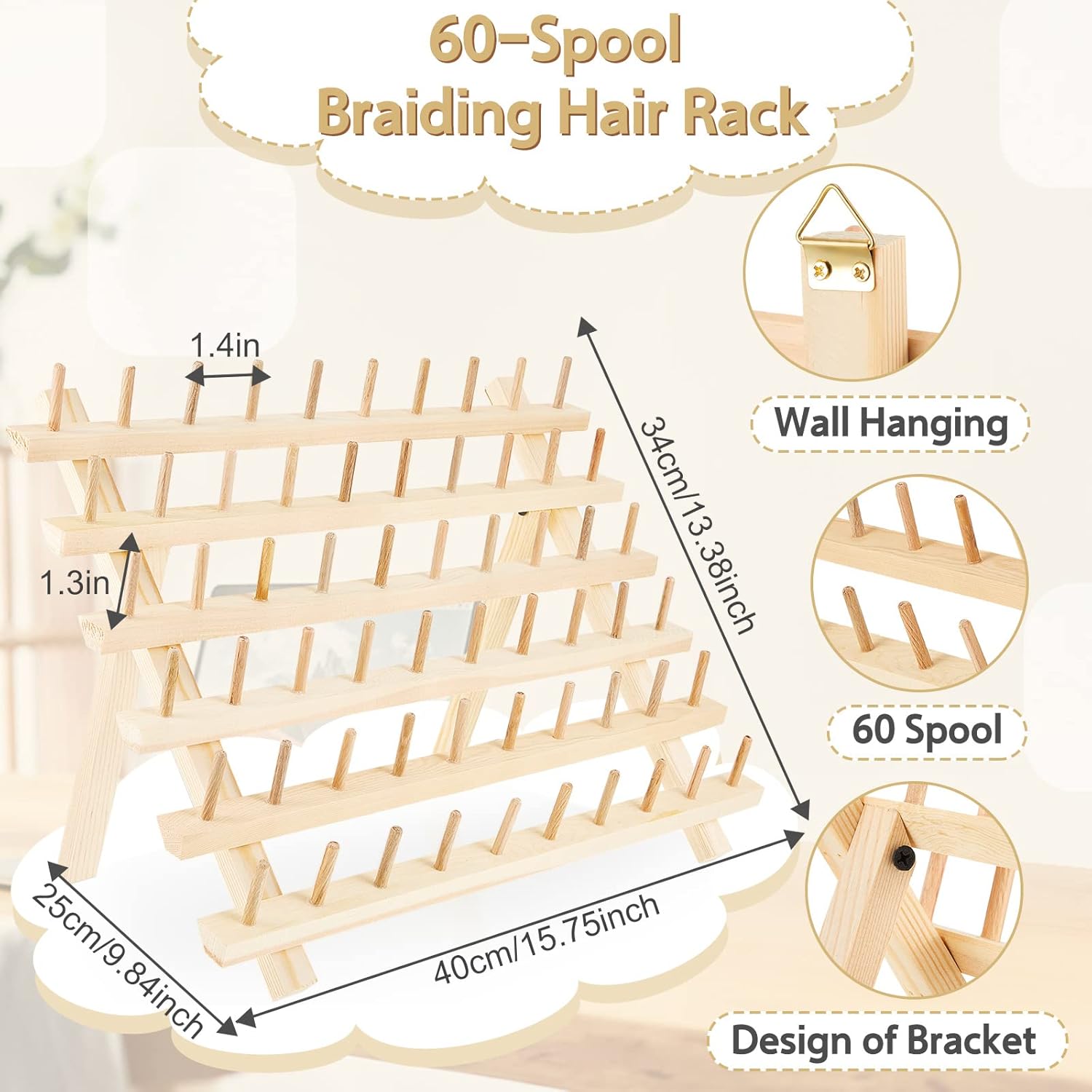 Juexica 19 Pieces Braiding Hair Rack Braid Hair Extension Tools Utensils Include Braiding Stand, 10 Parting Comb Ring, 5 Sectioning Clips, 2 Rat Tail Comb and Magnetic Pin Wristband(Wood)
