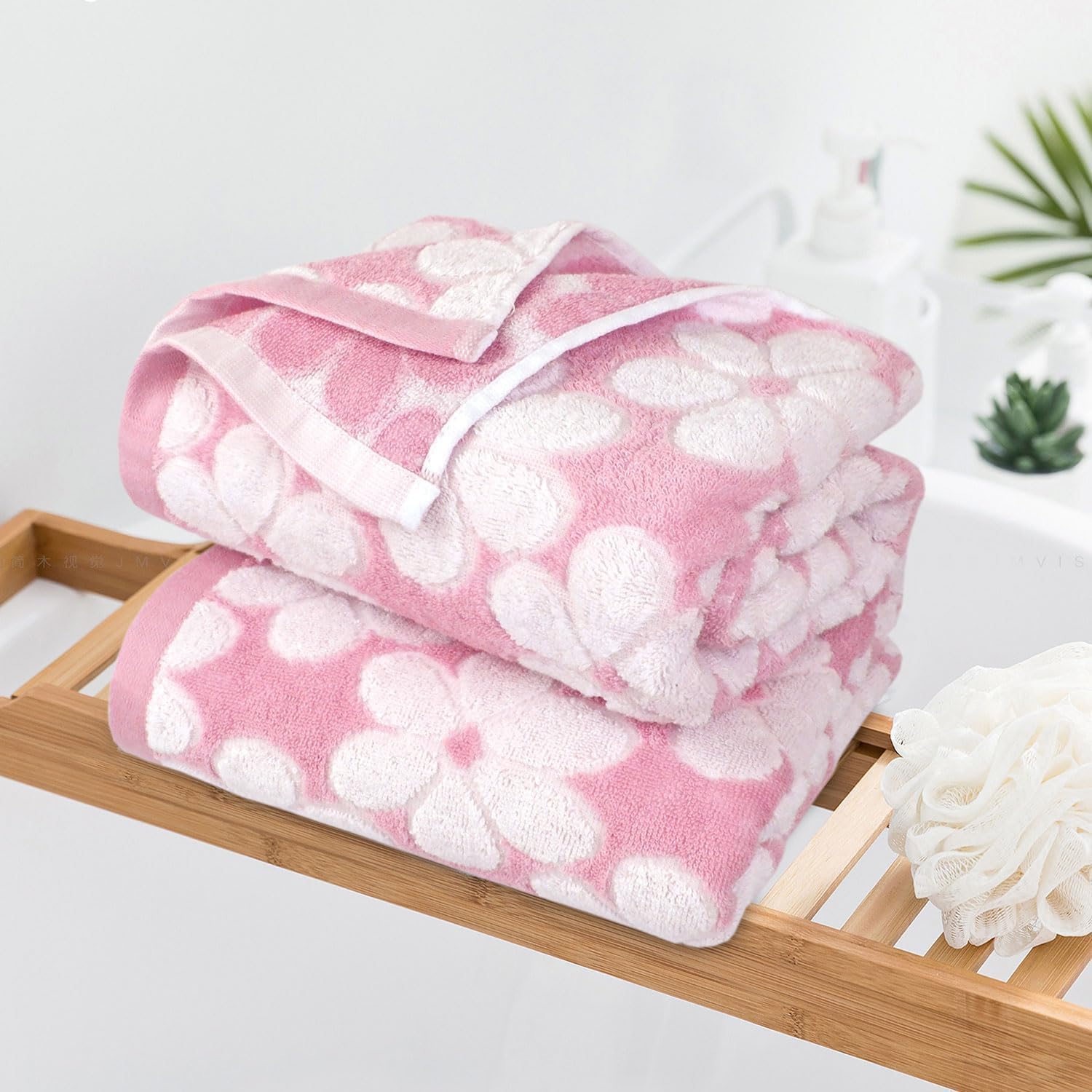 Amazon｜ピンクバスタオル2枚セット、超吸収性&装飾27.5x55インチ