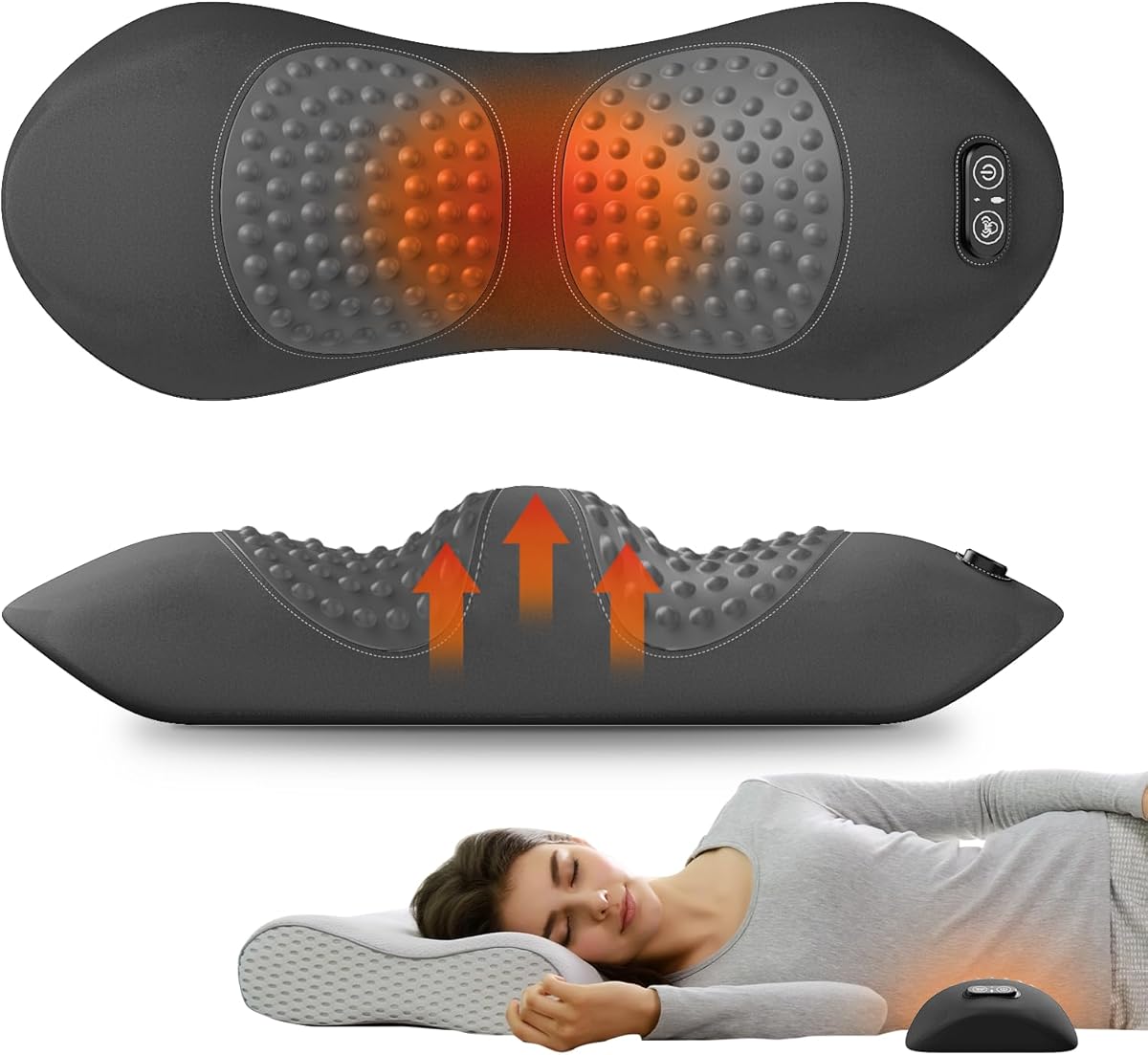 3-in-1 Electric Lumbar Support Pillow for Bed and Chair, Smooth Spine Triple Fusion Back Massager with Heated, Vibration and Traction for Lower Back Pain Relief and Spine Support