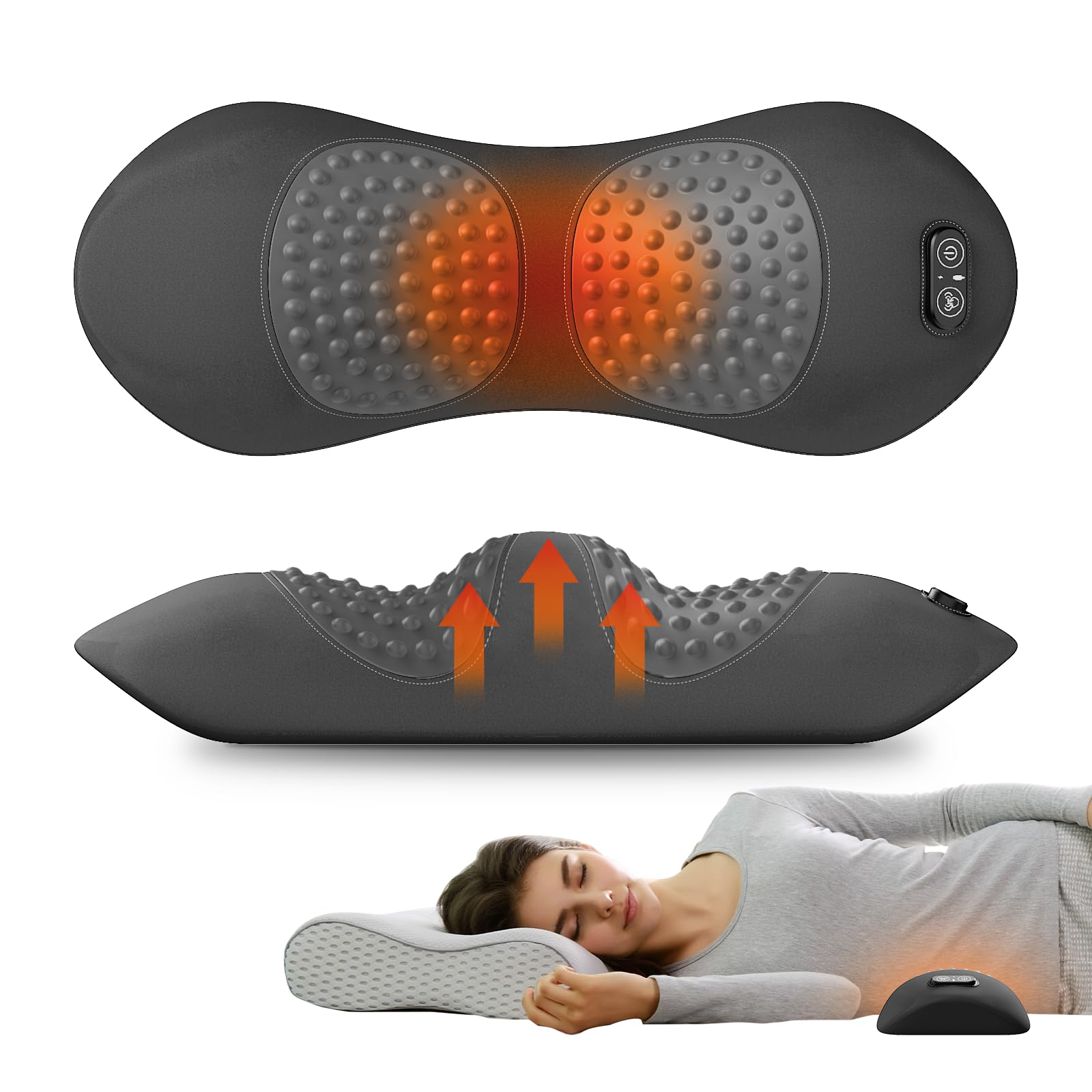 3-in-1 Electric Lumbar Support Pillow for Bed and Chair, Triple Fusion Back Massager with Heated, Vibration and Traction for Lower Back Pain Relief and Spine Support