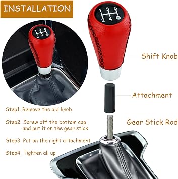 Gear Shift Knob 5 Speed Leather Car Shifter Handle for Most Manual Automatic Vehicles (Red)