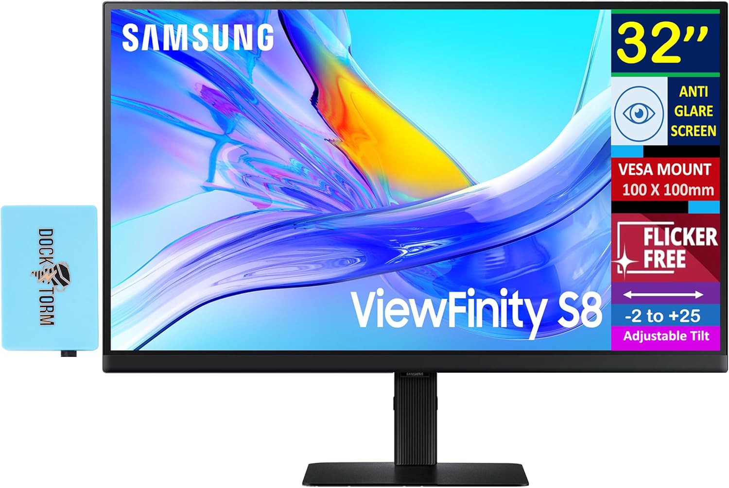 Samsung 32" ViewFinity S8 (S80UD) 4K UHD VA Monitor with HDR10, Built-in KVM Switch, USB-C, Anti Glare, Flicker Free, VESA Mount (100 mm), Displayport, HDMI & DKZ Port Expander, Black (LS32D802UANXGO) 32-inch Single monitor