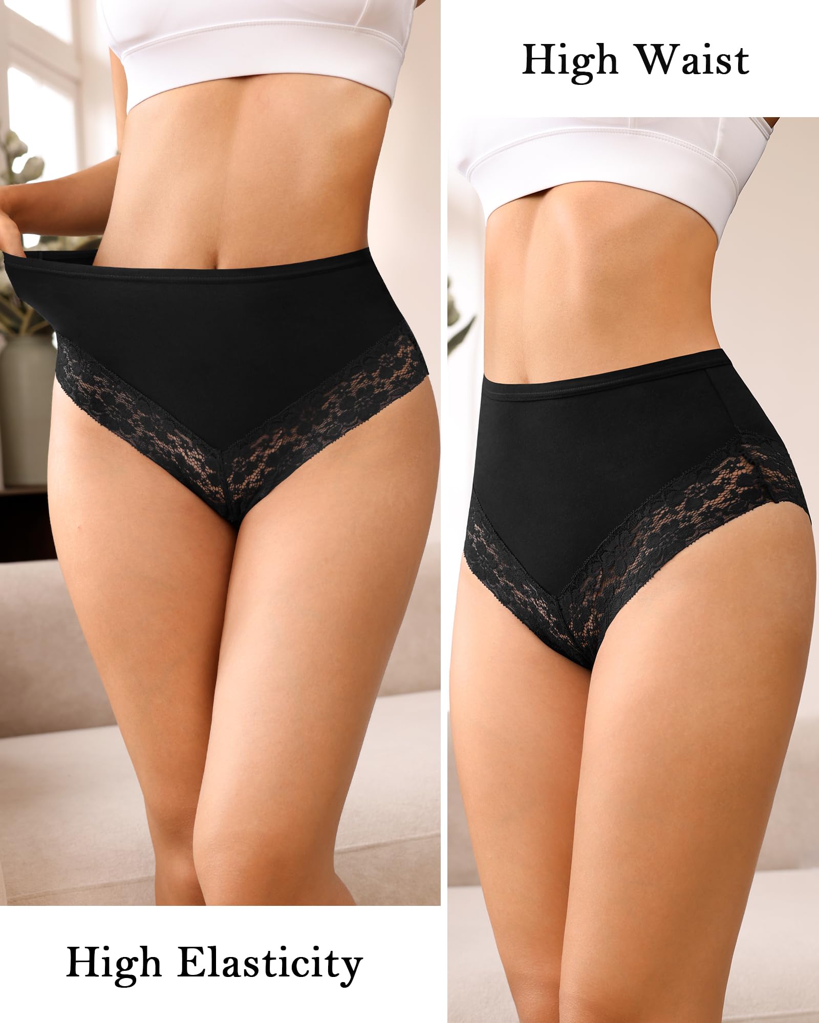 OLIKEME Ropa interior de cintura alta para mujer, de algodón, sexy, con encaje, invisible, suave, elástica, paquete de 3