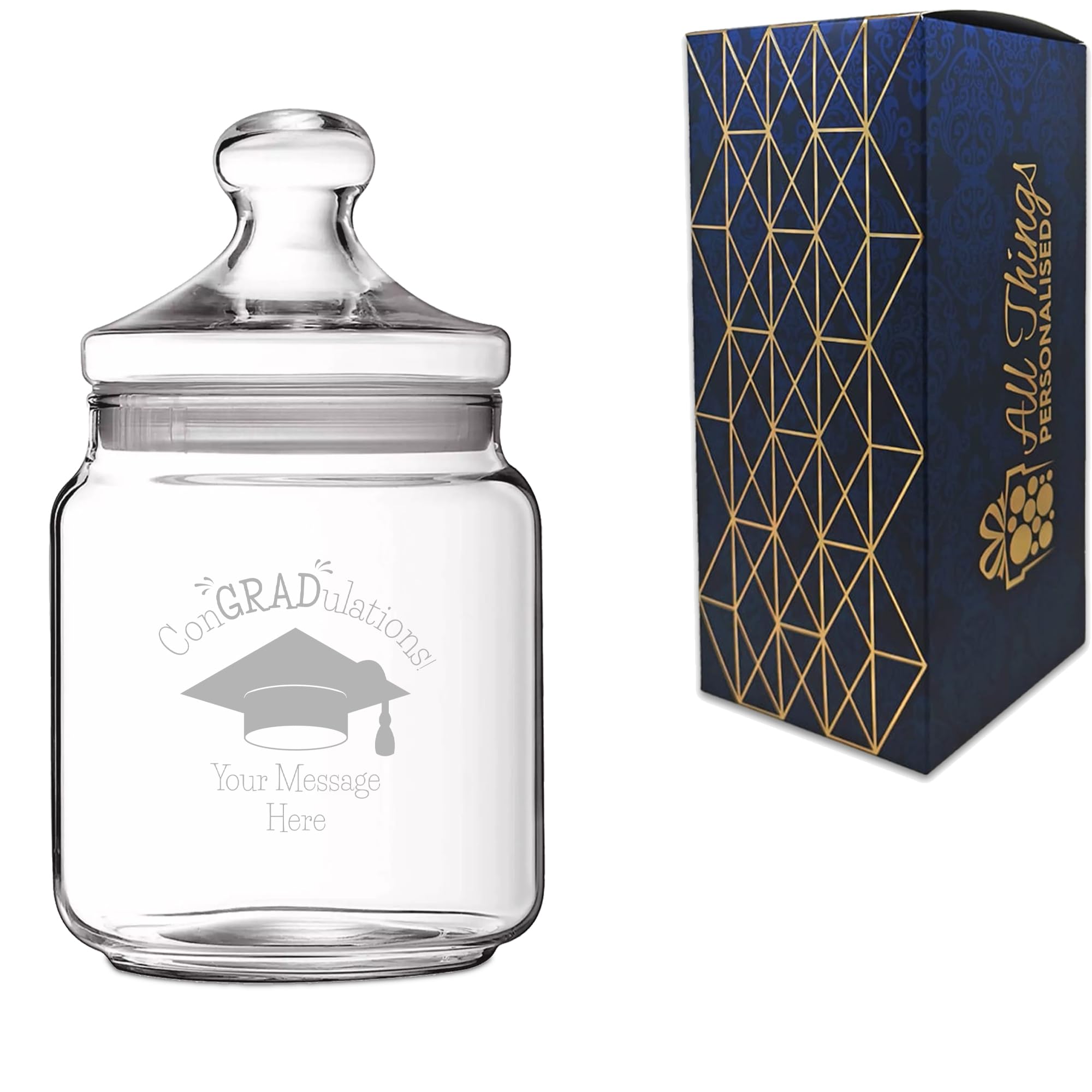 Personalised 0.75 Litre Glass Sweets Biscuits Jar with ConGRADulations Design, Custom Laser Engraved Treat Jar with Lid, Personalised Graduation Gift for Graduate Student Success, Gift Box Included