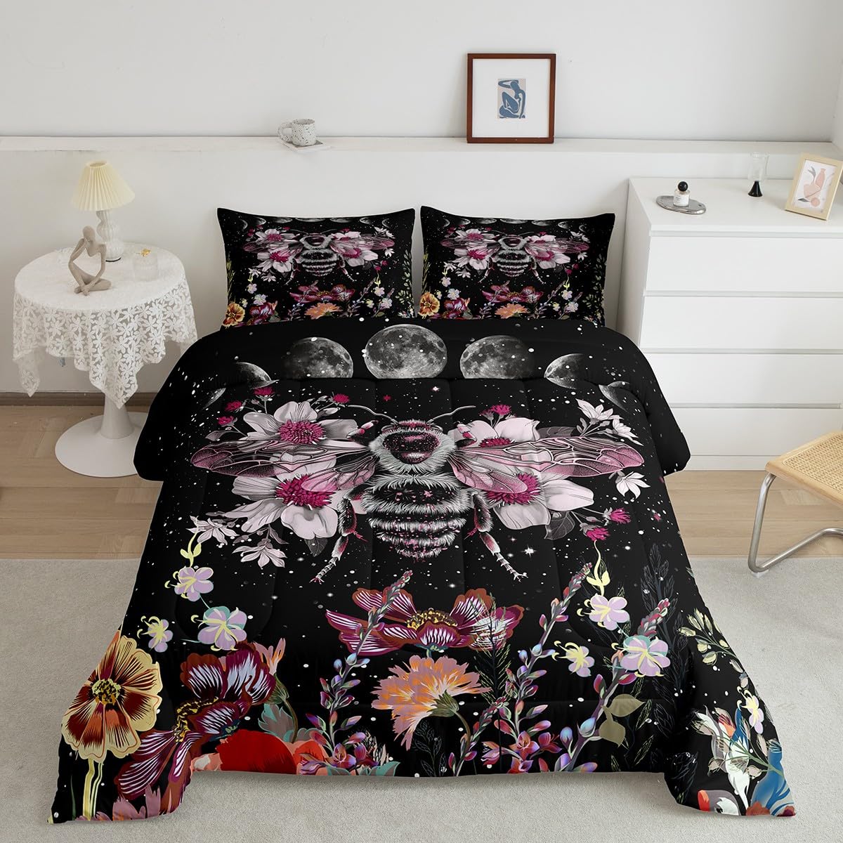 Moon Bee Wildflower Decor Bedding Set for Kids Boys Queen Size, Girl Bohemian Comforter Set Plant Garden Herbs Leaves Cute Moon Phase Comforter Botanical Floral Inner Fill Quilt Set with 2 Pillowcases
